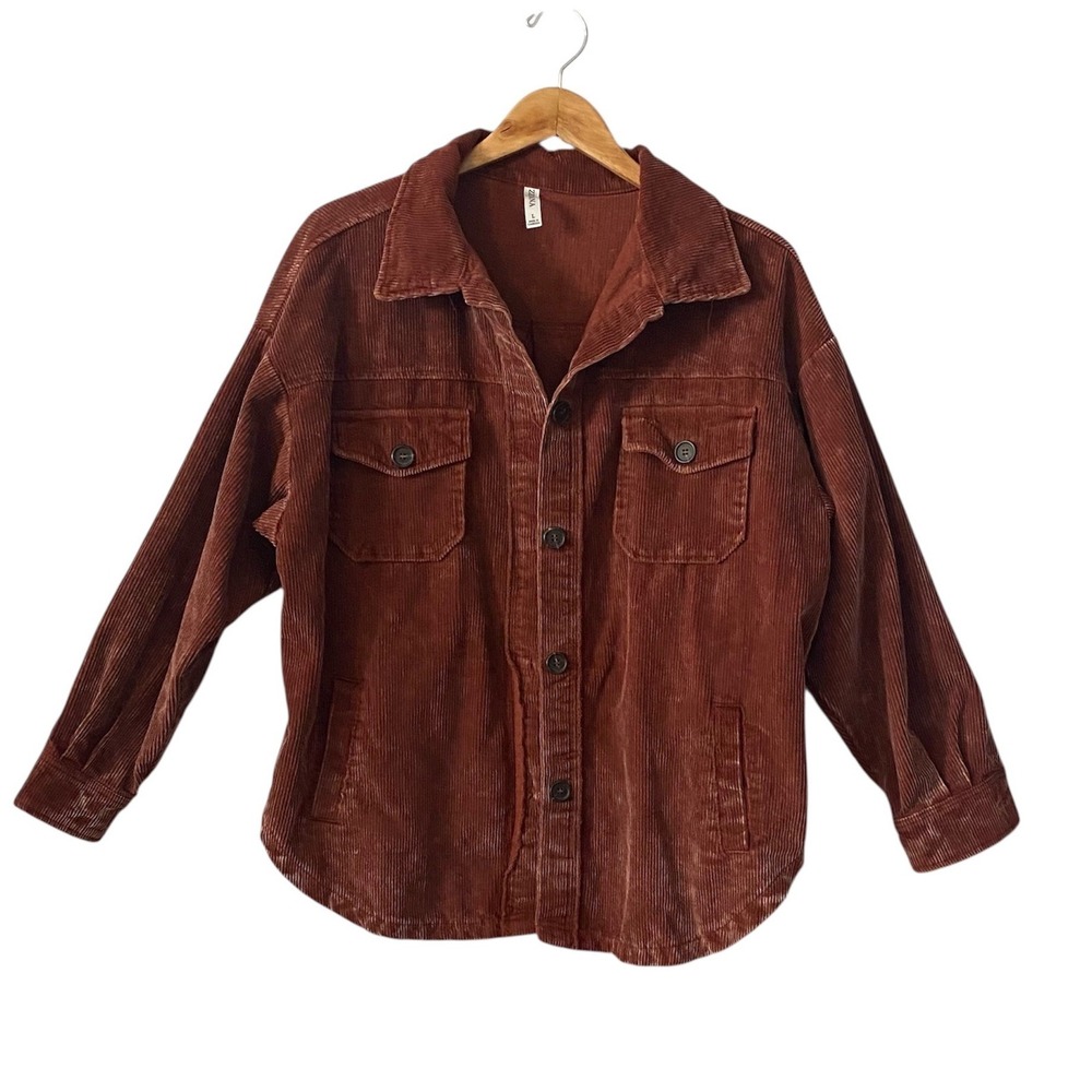 Zenana‎ Womens Corduroy Distressed Rust Brown Button Front Cotton Jacket Sz L